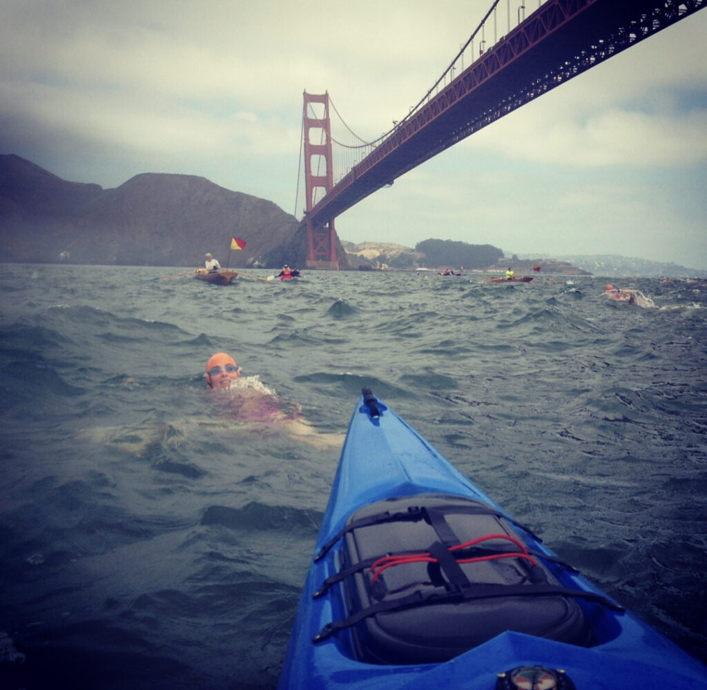 Pia swimming under the Gold Gate Bridge